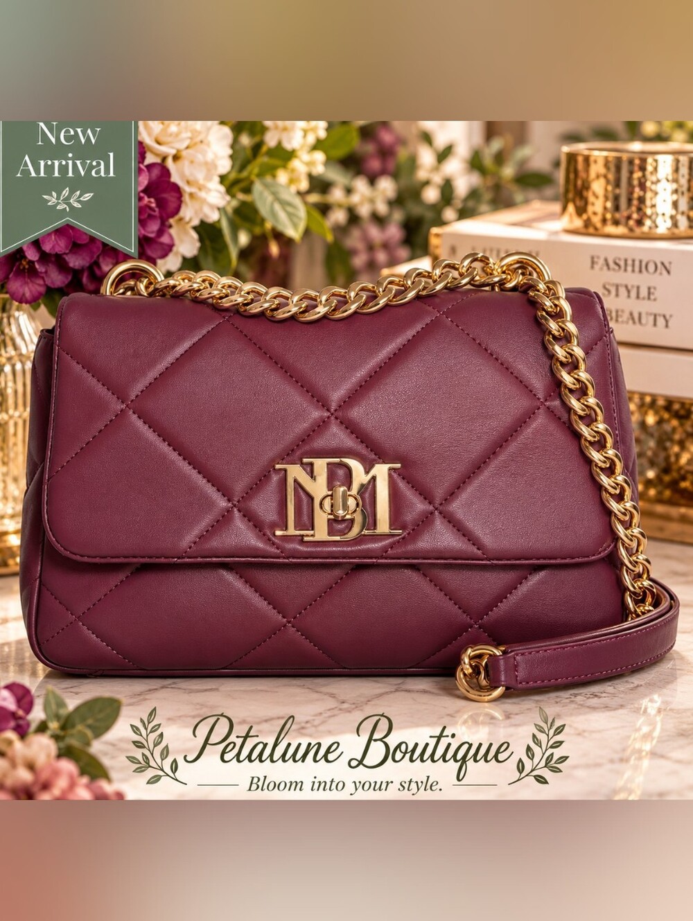 H-128 Badgley Mischka Plum Quilted Gold Chain Crossbody Shoulder Bag NWT